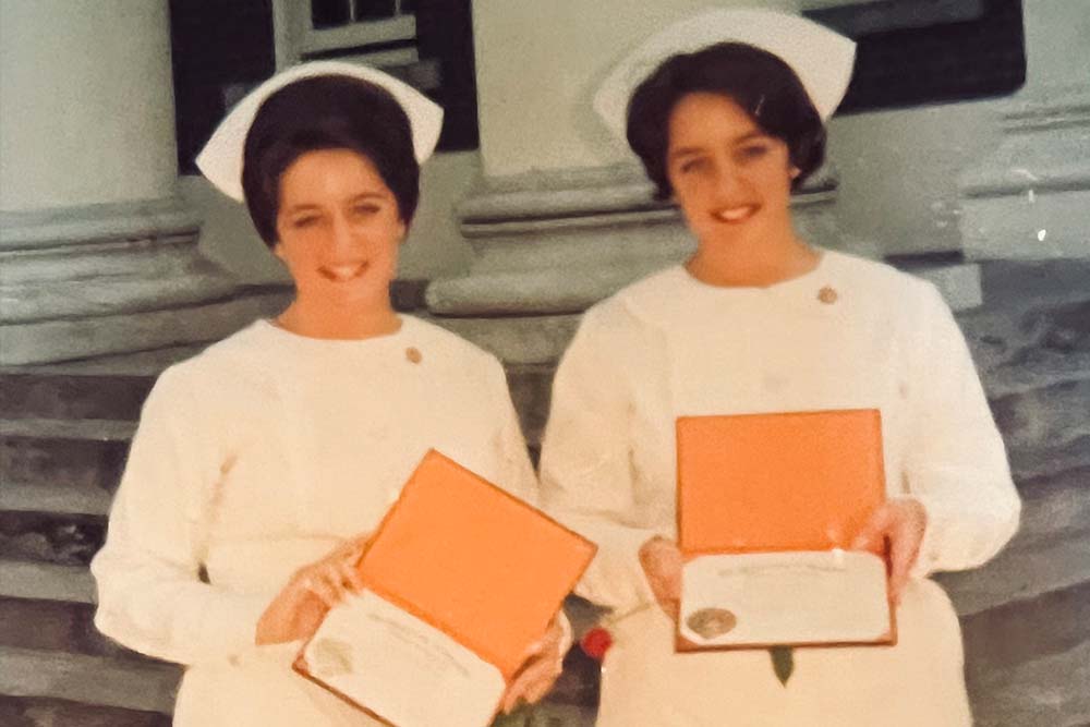 The Diploma Class of 1966 Fisher twins Janet Sleppy and Joyce Laux.