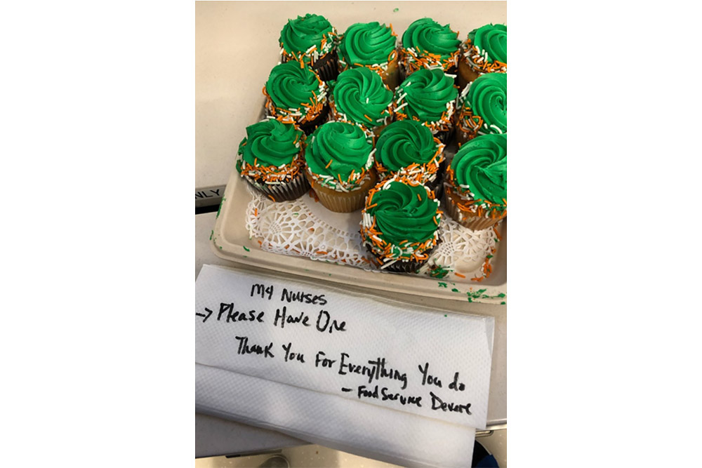St Patricks Day cupcakes delivered to nursing station during 2020 COVID-19 pandemic