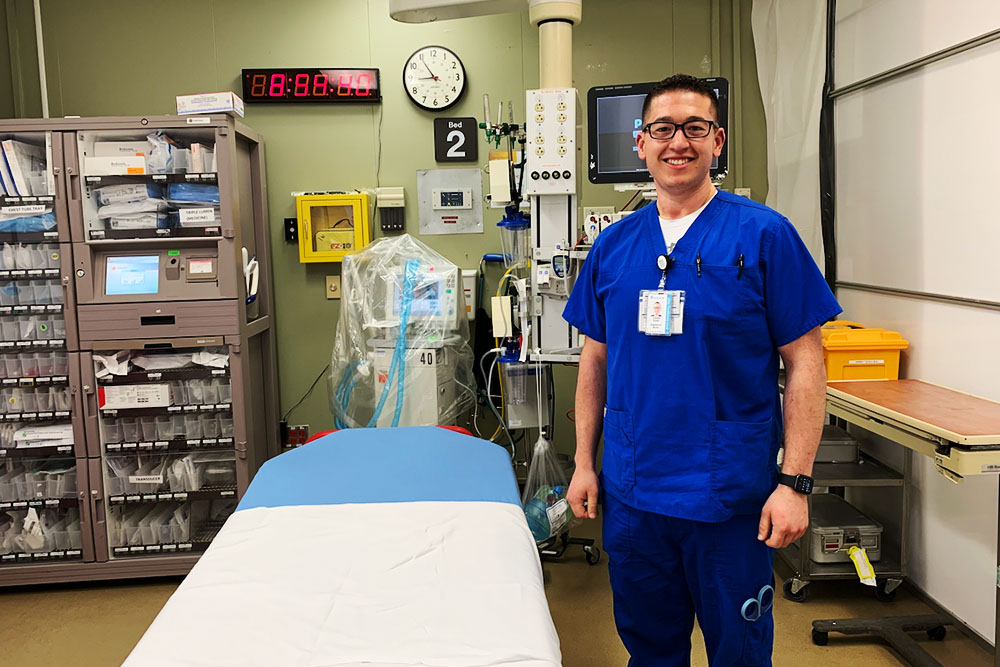 Chase Smith, RN to BSN grad, in MUSC's ER where he's a travel nurse.