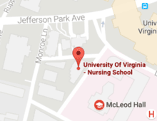 Google map with a pin dropped on UVA School of Nursing