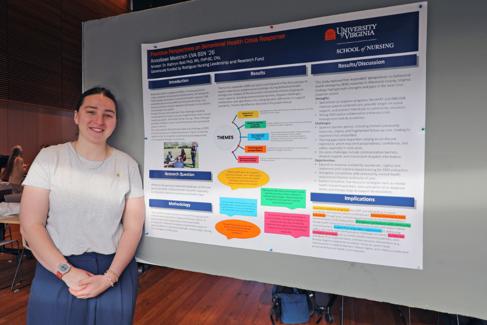 UVA School of Nursing student Annaliese Meistrich stands in front of her Distinguished Majors Project poster