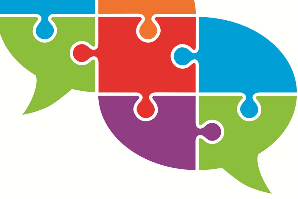 a graphic of a puzzle speech balloons