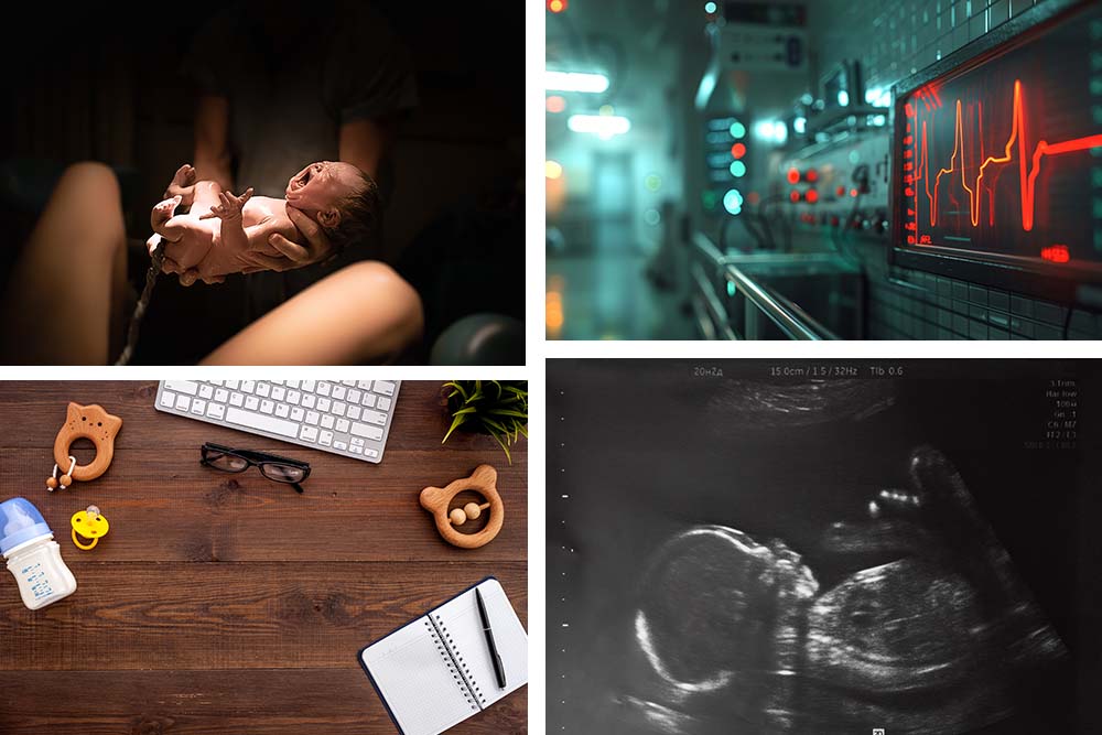 A quad of birthing images for Nursing Narratives student essays about nursing and parenthood