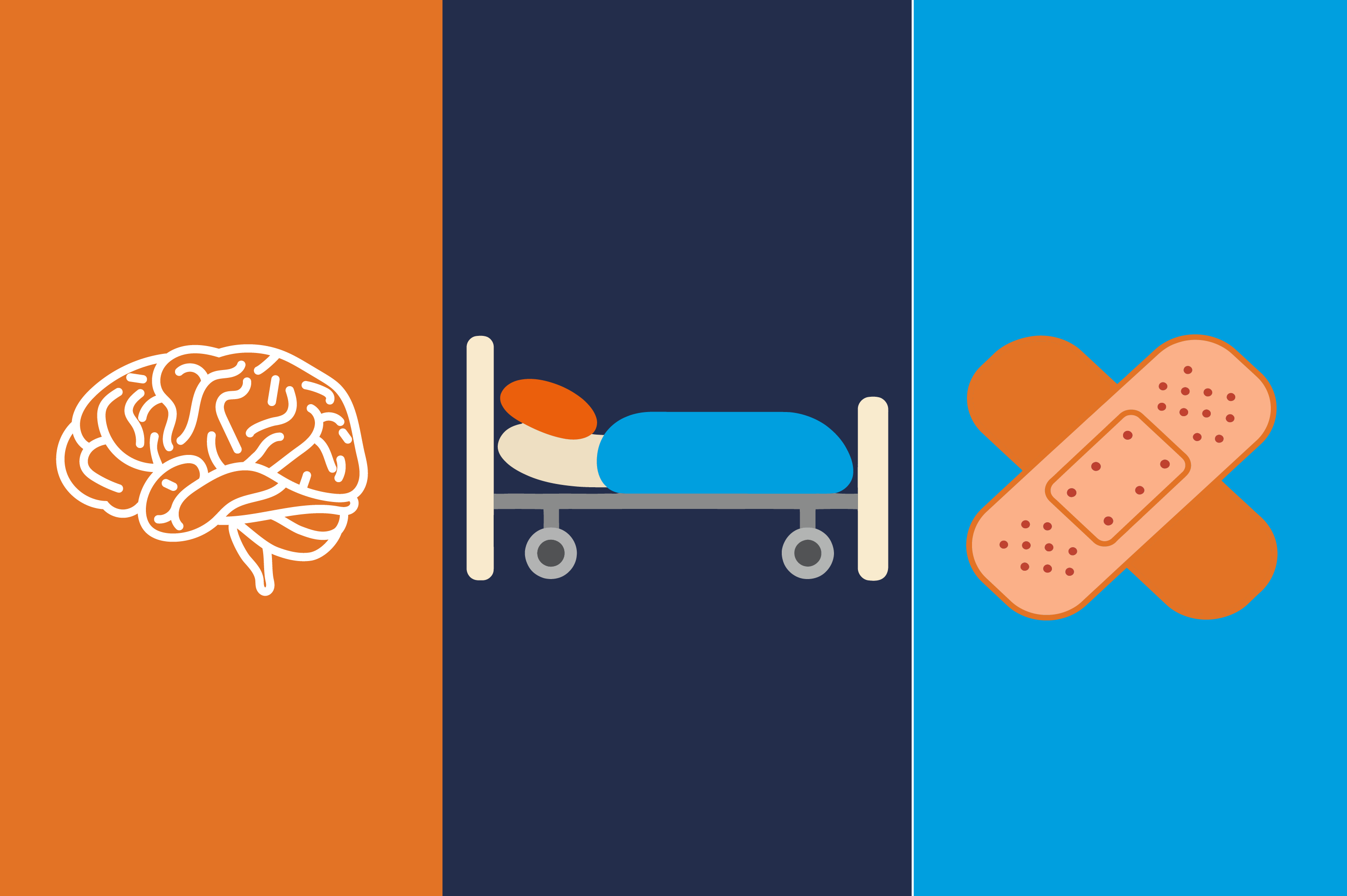 A graphic of a brain, hospital bed, band aid