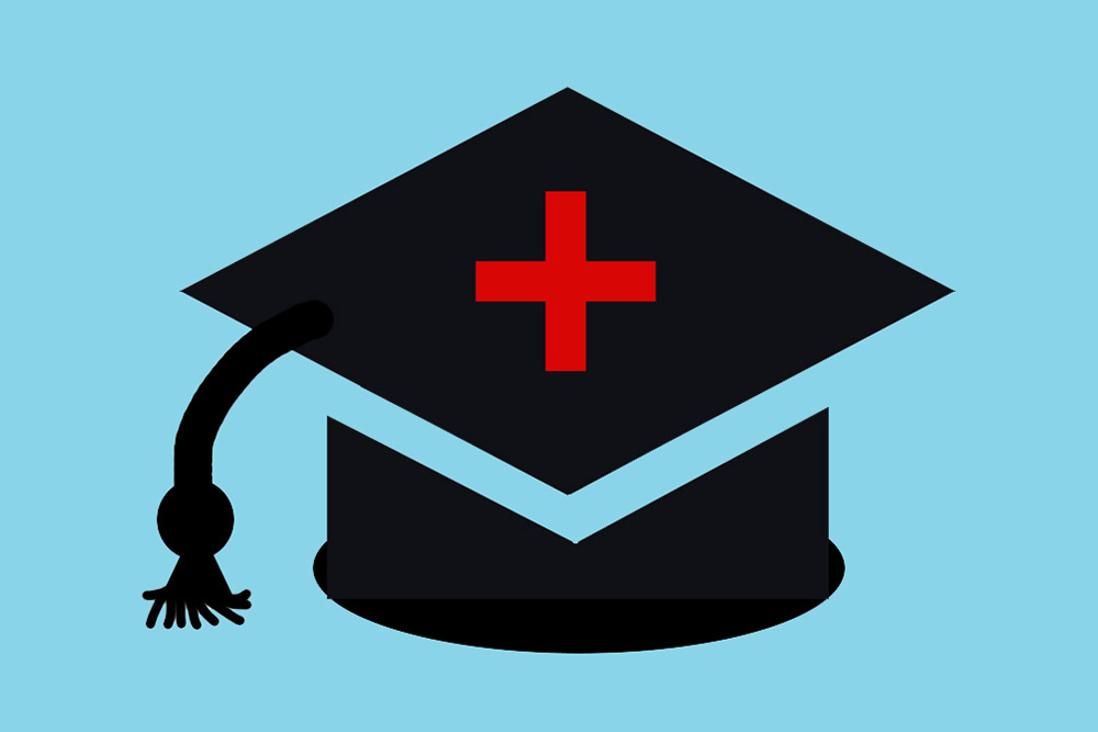 A mortar board icon with a red cross on a light blue background